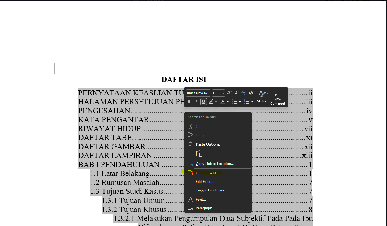Contoh posisi Update Field pada menu konteks di dalam daftar isi Word