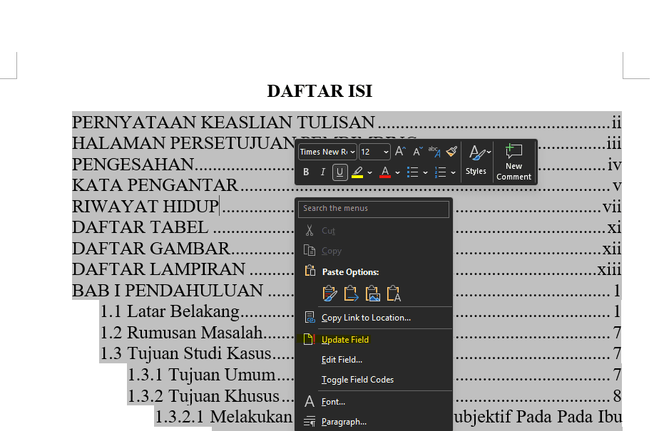Menu klik kanan pada daftar isi Word dengan pilihan Update Field disorot