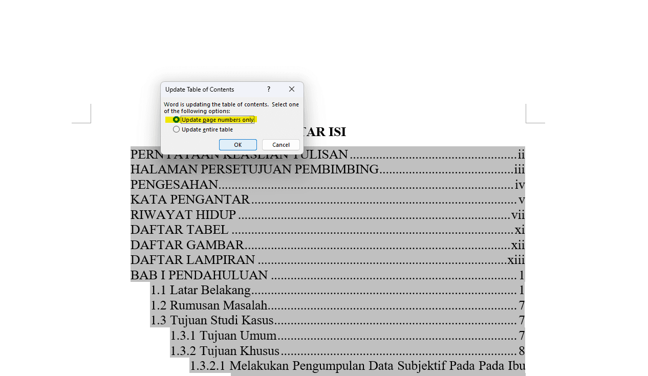 Dialog Update Table of Contents dengan Update page numbers only terpilih